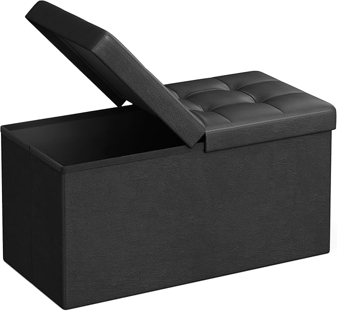 SONGMICS MAZIE Collection - 30 Inches Storage Ottoman Bench with Flipping Lid, Storage Chest Footstool, Load 660 lb, for Entryway, Living Room, Bedroom, Synthetic Leather, Black ULSF45BK