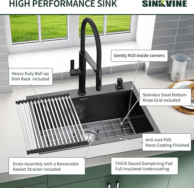 Black Kitchen Sink Drop-In 25 x 18 inch, SINKVINE PVD Nano Stainless Steel Outdoor Sink, Top Mount Large Deep Single Bowl Laundry Basin, w/Drain Strainer, Bottom Grid, Roll-up Drying Unit, Dark Gray