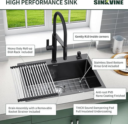 Black Kitchen Sink Drop-In 25 x 18 inch, SINKVINE PVD Nano Stainless Steel Outdoor Sink, Top Mount Large Deep Single Bowl Laundry Basin, w/Drain Strainer, Bottom Grid, Roll-up Drying Unit, Dark Gray