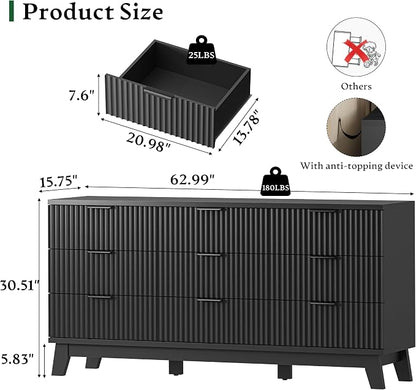 Fluted Dresser with 9 Drawers, Wooden Dresser TV Stand, Wood Closet Clothes - Image 2