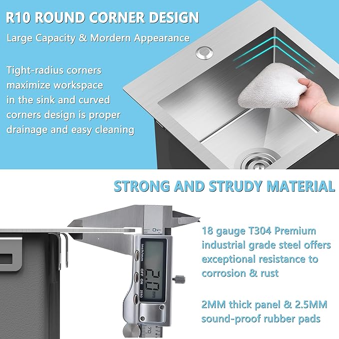 15x15 inch Drop in Bar Sink, 15 inch Small Kitchen Sink Topmount 18 Gauge Single Bowl Stainless Steel Bar Sink with Basket Strainer Drain & Bottom Grid