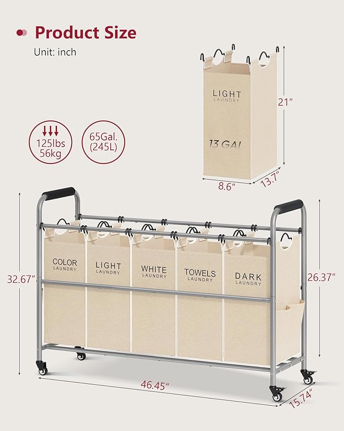 Tajsoon Laundry Sorter 5 Sections, Laundry Hamper with Heavy Duty Lockable Wheels and Removable Bags, 5 Bag Rolling Laundry Sorter Cart for Dirty Clothes Storage, Laundry Separator Hamper, Beige