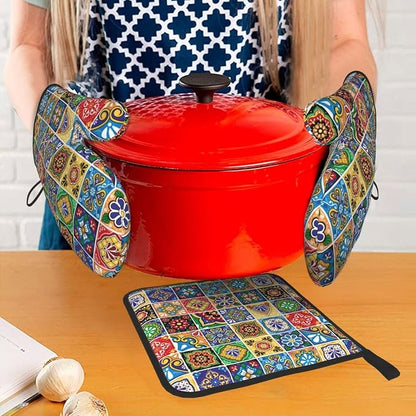 Mexican Talavera Tile Oven Mitts and Pot Holders Sets of 3, Heat Resistant - Image 3