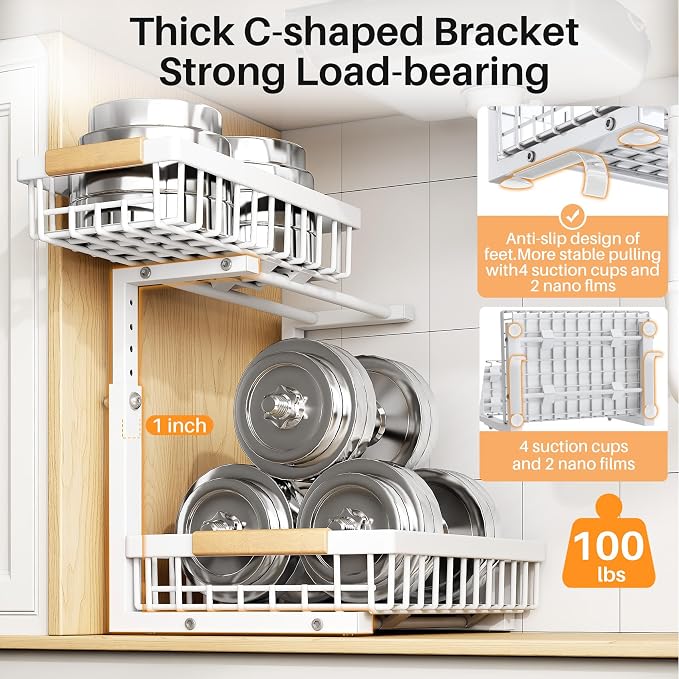 PXRACK 1 Pack Under Sink Organizer, Adjustable Height, 2 Tier Pull Out Under - Image 4