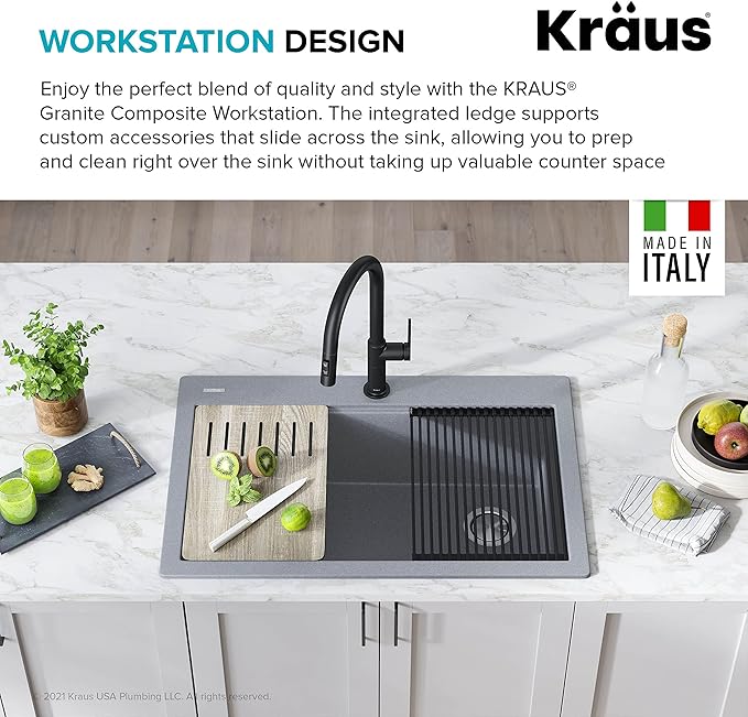 KRAUS Bellucci Workstation 33 in. Drop In Single Bowl Granite Kitchen Sink in Metallic Gray with Accessories, KGTW2-33MGR