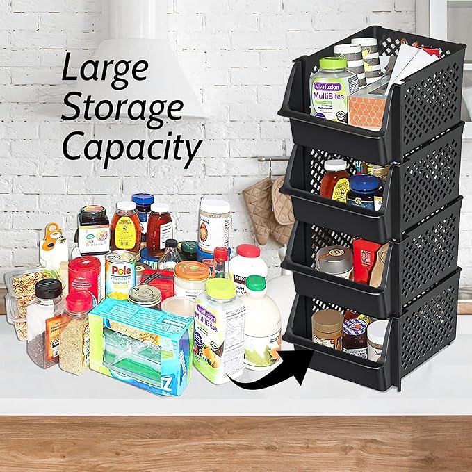Skywin TidyFriend Stackable Storage Bins for Pantry Organizers and Storage 12 Pack, Pantry Storage for Food, Kitchen and Home Organization (Black)