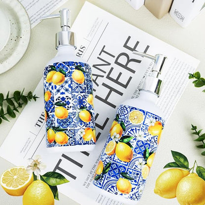 2 Pcs Blue Tiles Lemon Soap Dispenser Blue Tile Yellow Capri Lemon Glass - Image 3