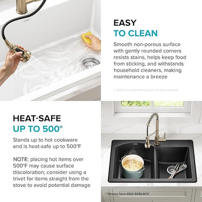 KRAUS Forteza 33-inch Granite Drop In/Undermount 60/40 Double Bowl White Kitchen Sink, KGD-50WHITE