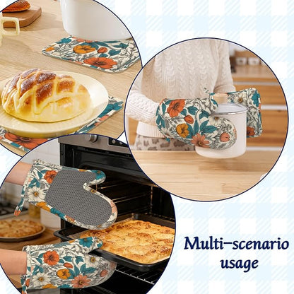 Vintage Floral Potholders & Oven Mitts Sets Abstract Flowers Silicone Heat - Image 6