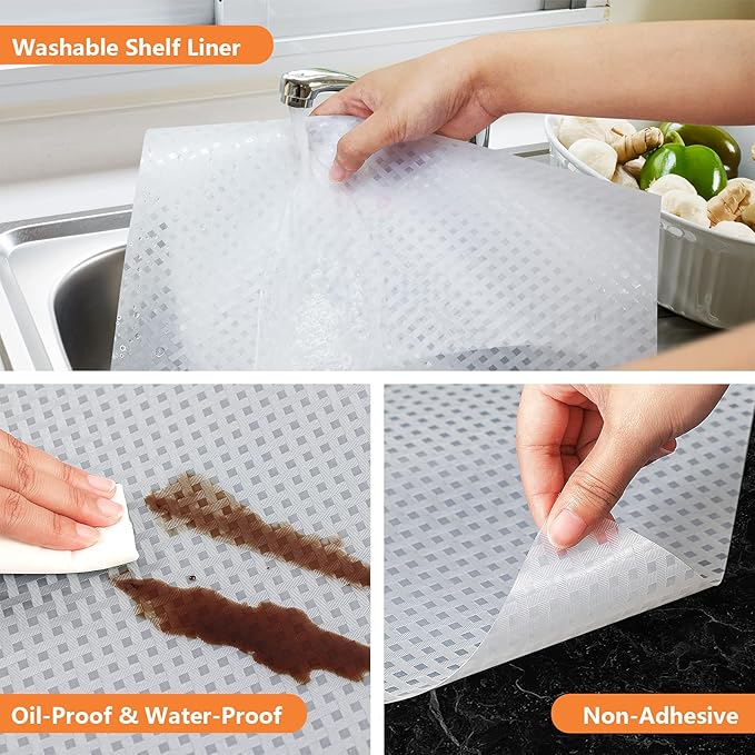 Shelf Liners for Kitchen Cabinets Refrigerator Liners Waterproof & Oil-Proof Kitchen Cupboard Liner Non-Slip Drawer Mats EVA Material Non Adhesive Fridge Liner for Shelves -Clear 11.8 x 393.7 Inches