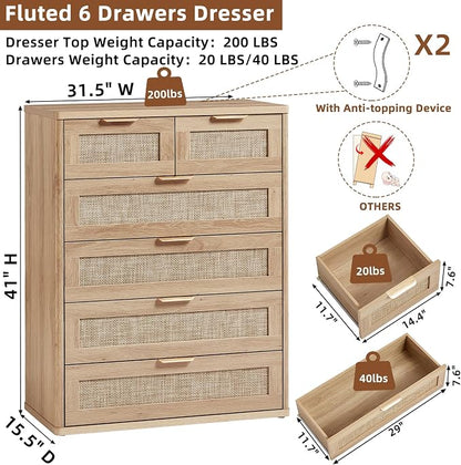 LEYAOYAO Rattan Dresser for Bedroom, Modern 6 Drawers Boho Dressers - Image 3