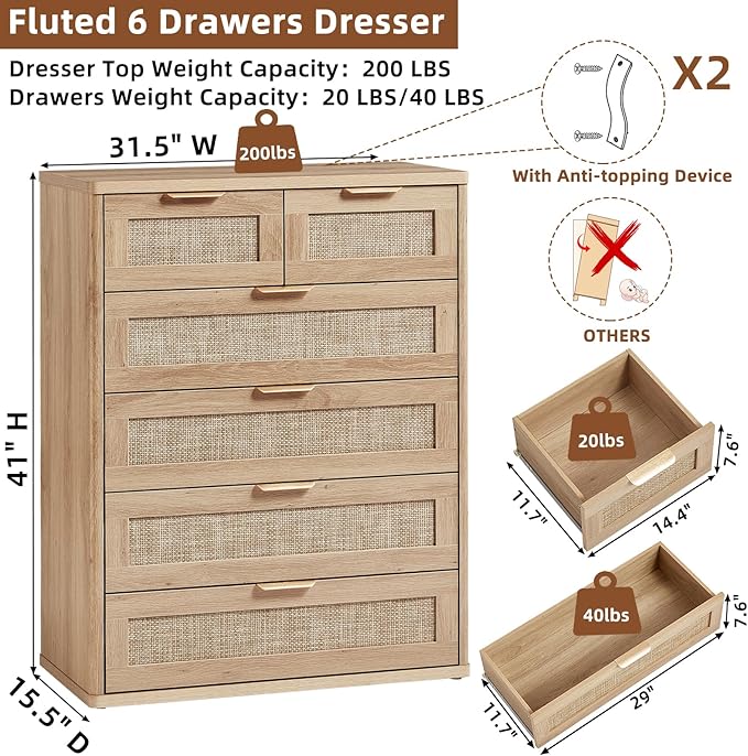 LEYAOYAO Rattan Dresser for Bedroom Set of 2, 42" Tall Chest of Drawers, Modern 6 Drawers Boho Dressers with Storage, Light Oak Dresser Wooden Closet Organizer for Living Room, Hallway, Natural Wood