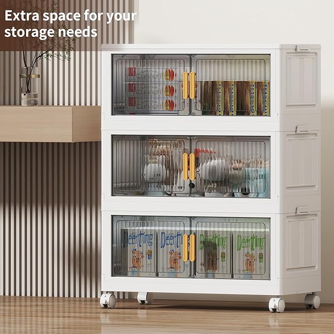 77Gal Stackable Plastic Storage Bins with Lids, Collapsible Closet Organizers and Storage with Wheels for Living Room,Office,Dorm, 30.5" W x 14.6" D x 40" H, 3 Tier