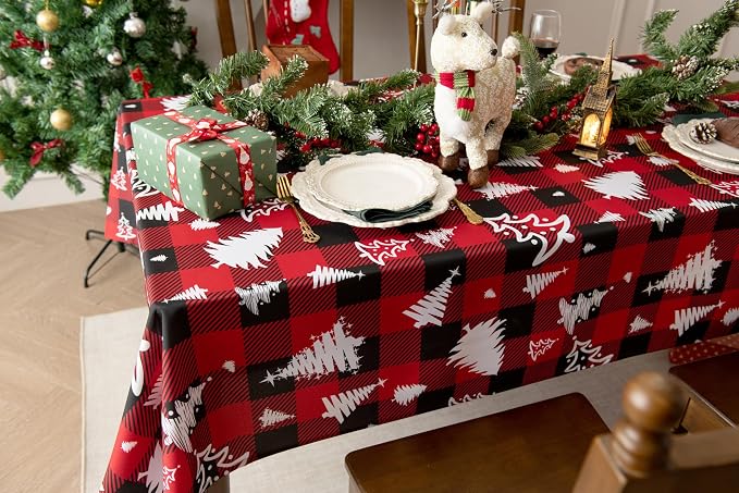 Red Gingham Plaid Christmas Tree Tablecloth - Image 8