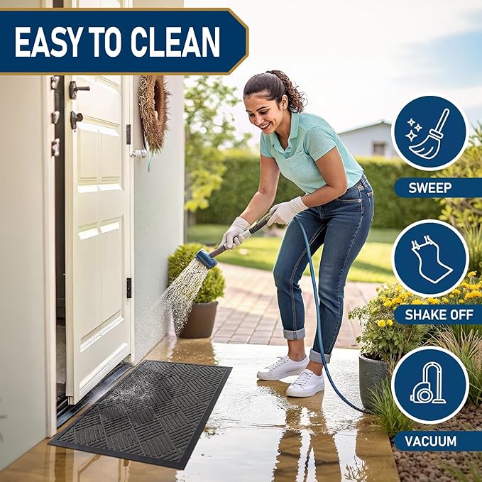 Smiry Front Door Mat Outside Entrance, Heavy Duty Outdoor Indoor Natural Rubber Doormat, Non Slip, Trap Dirt and Moisture, Easy Clean, Low Profile Patio Porch Entryway Mat, 29.5x17, Grey