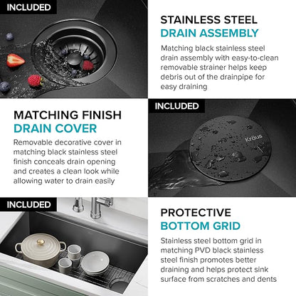 KRAUS Kore Workstation 32-inch Undermount 16 Gauge Black Stainless Steel Single Bowl Kitchen Sink in PVD Gunmetal Finish with Accessories, KWU110-32/PGM