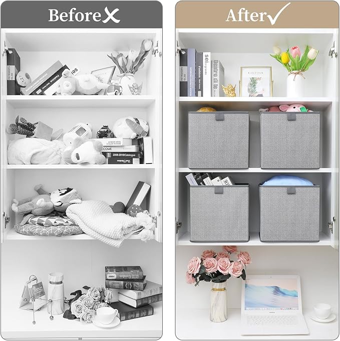 Storage Baskets, 11.8-Inch Woven Fabric Bins, Storage Cubes with Reinforced Handles, Organizer Bins for Closet Shelves, Foldable, for Toys, Clothes, Natural Beige (3PCS/Grey-11.8*11.8*11.8inch)