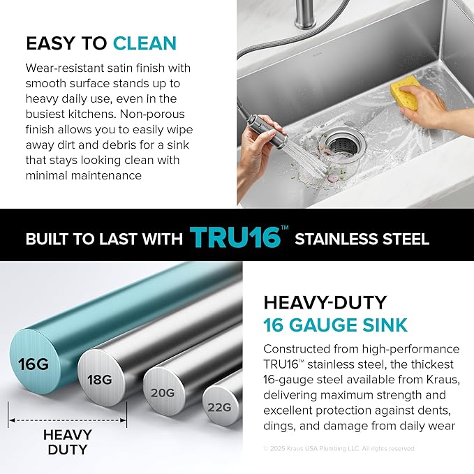 Kraus KHU100-32 Standart PRO 16 Gauge Undermount Single Bowl Stainless Steel Kitchen Sink, 32 Inch