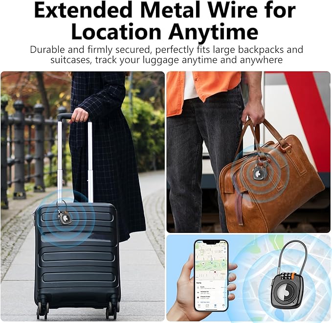 Compatible with Apple AirTag Secure Lock with Wire Cable, 3-Digit Combination Luggage Locks, Alloy Body Ultra Durable Anti-Lost Protective Case for Luggage, Bags, Suitcase, and Backpacks (BLACK)