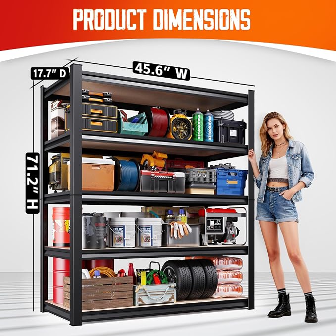 71"Hx46"Wx18"D Garage Shelving-2050 lbs 5 Tier Storage Shelves, Adjustable - Image 3
