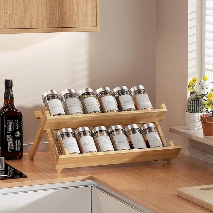 MUDEELA Bamboo Spice Rack Organizer for Cabinet, X-Shaped Foldable Spice Organization, 2 Tier Seasoning Organizer for Kitchen Counter