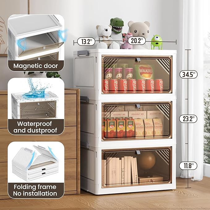 AHEONLAR 144 Quart 3 Tier Plastic Storage Bins with Lid - Foldable Stackable Storage Bins with Doors - Closet Organizers and Storage - Plastic Drawer Storage for Bedroom StudToy Room Office（48QT×3）