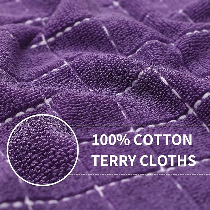 Homaxy 100% Cotton Terry Kitchen Towels(Purple, 13 x 28 inches), Checkered Designed, Soft and Super Absorbent Dish Towels, 4 Pack