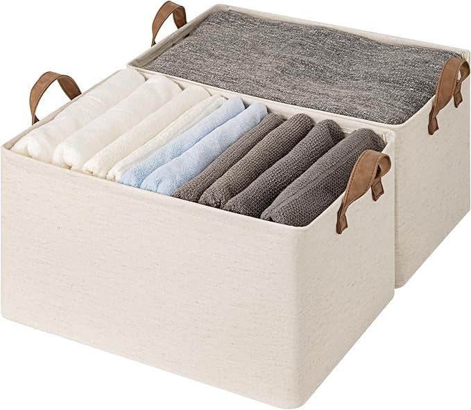 StorageWorks Storage Bins, Shelves Baskets for Organizing, 45L Extra Large Fabric Closet Organizers with Handles, Metal Frame, Beige（Cotton-linen）, 2-Pack