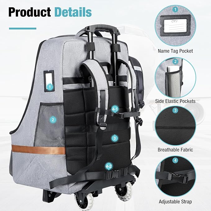 Padded Car Seat Travel Bag for Airplane with Wheels, Heavy Duty Carseat Bags for Air Travel, Rolling Gate Check Backpack and Dolly Carrier, Storage for Baby Essentials, Grey