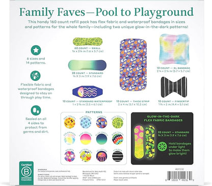 Welly Bandage Large Refill Pack | Adhesive Flexible Fabric, Glow-in-The-Dark & Waterproof Bandages | Assorted Shapes and Patterns for Minor Cuts, Scrapes, and Wounds - 160 Count