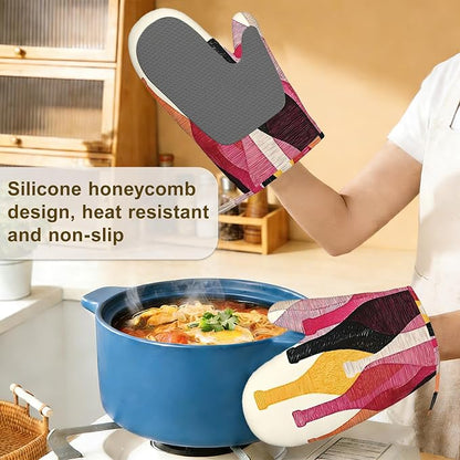 Red Wine Bottle Oven Mitts and Pot Holders Sets, Silicone Kitchen Mitts - Image 4