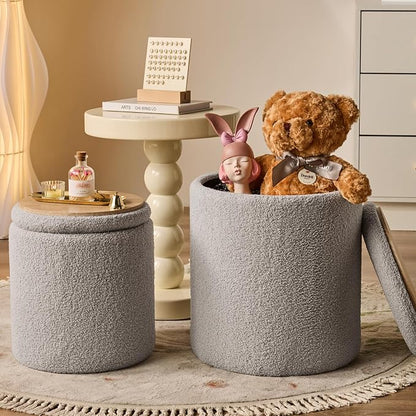 Round Ottoman with Storage Set of 2-Upholstered Sherpa Vanity Stool - Image 2