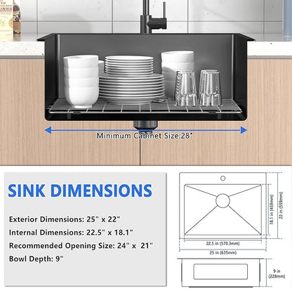 25x22 Inch Black Drop In Kitchen Sink, 25 Inch Gunmetal Black Kitchen Sink Top Mount 18 Gauge Stainless Steel Single Bowl Deep KitchenSink With Grid Handmade KitchenSink Drop In