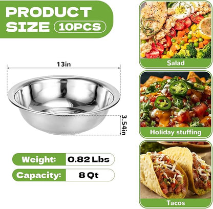 10 PCS Stainless Steel Mixing Bowls 13 Inch 8 Qt Extra Large Metal Basin - Image 2