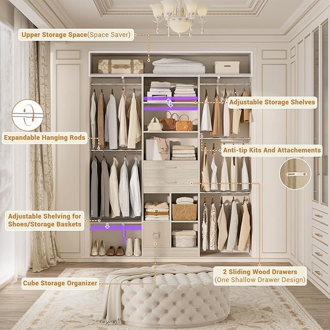 5FT Small Closet System, Baby Closet Organizer System with Wooden Drawers, 60 Inches Walk in Closet System with 5 Hanging Rods and 3 Reversible Hanging Shelving, Greige Oak
