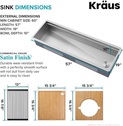 KRAUS Kore 57-inch Undermount Workstation 16 Gauge Single Bowl Stainless Steel Kitchen Sink with 10 Accessories, KWU210-57