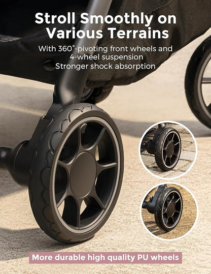 Momcozy ClickGo Lightweight Stroller, Compact Travel Stroller for Airplane with One-Click Fold, Baby Stroller and Toddler Stroller with Large Canopy for Kids from 0 Months, Extendable UPF50+ Canopy