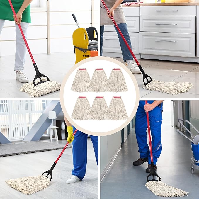 Matthew Cleaning 16oz 6Pack Cotton Floor Mop,Cotton Looped-Open String Heavy Duty String Refills, Universal Headband Blend ,Mop Head Replacement for Home, Industrial and Commercial Use(White)