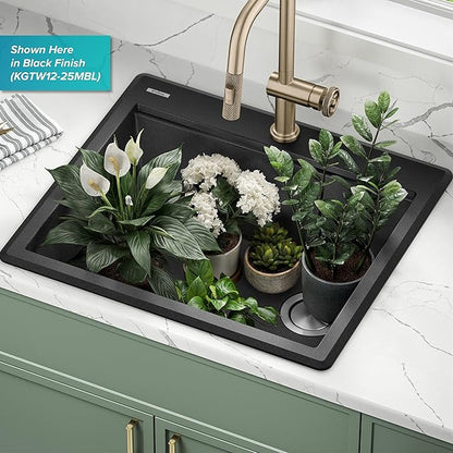 KRAUS Bellucci 25-inch Granite Workstation Drop In Top Mount Single Bowl Kitchen Sink in Metallic Grey with Accessories, KGTW12-25MGR