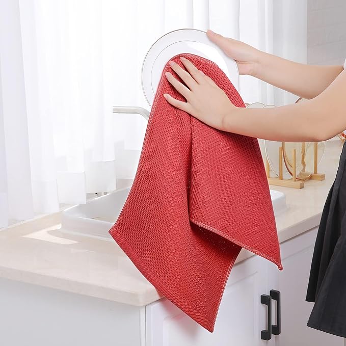 Homaxy 100% Cotton Waffle Weave Kitchen Dish Towels, Ultra Soft Absorbent Quick Drying Cleaning Towel, 13 x 28 Inches, 8-Pack, Brick Red