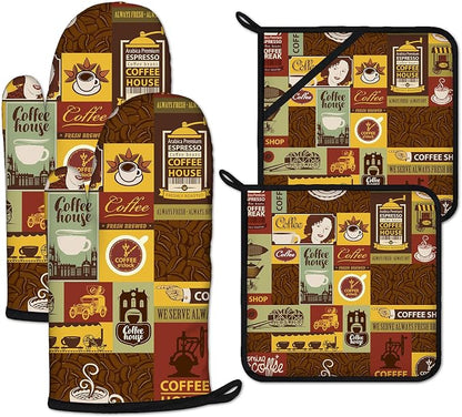 Coffee Theme Oven Mitts and Pot Holders Sets Heat Resistant 4Pcs Potholders by ANTJOO