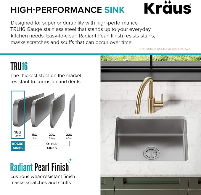 KRAUS Dex 21-inch Undermount 16 Gauge Stainless Steel Single Bowl Kitchen Sink, KA1US21B