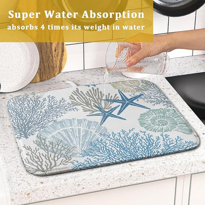 Nautical Dish Drying Mat for Kitchen Counter Coastal Seashell Starfish Summer - Image 7