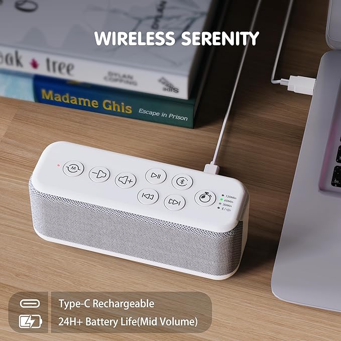 OnLyee White Noise Sound Machine with Bluetooth Speaker, 15 Soothing Sounds, Office Privacy & Noise Canceling, 3000mAh Rechargeable Battery, Auto-Off Timer & 8-Level Volume– Ideal for Baby
