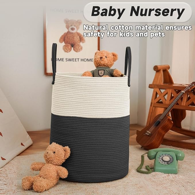 Large Woven Laundry Basket Hamper, 80L Cotton Rope Storage Bin - Image 2