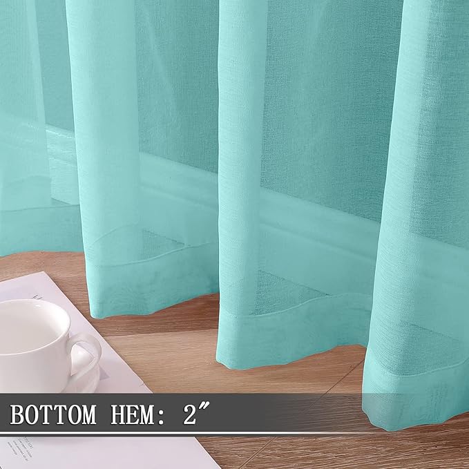 Tollpiz Sheer Curtains Linen Textured Living Room Curtain Sheers Light Filtering Rod Pocket Voile Curtains for Bedroom, 42 x 63 inches Long, Crystal Blue, Set of 2 Panels