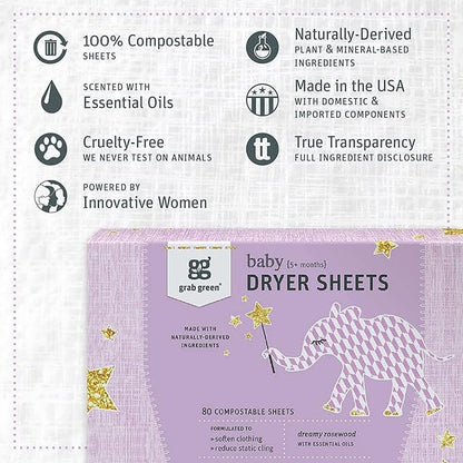 Grab Green Baby Laundry Dryer Sheets, 160 Sheets, Dreamy Rosewood Scent - Image 3