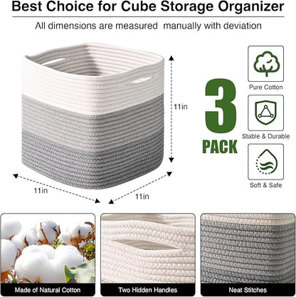 11 Inch Cube Storage Bins, Storage Cube Organizer Bins, Woven Cotton Rope Basket - Image 2