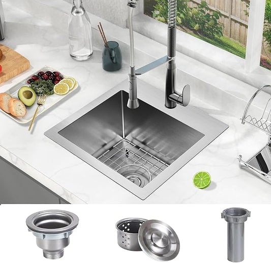 15 x 15 inch Drop in Bar Sink, Small Topmount Kitchen Sink Single Bowl 18 Gauge Stainless Steel Bar Sinks with Basket Strainer Drain