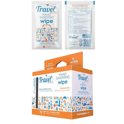 Hand Sanitizing Travel Wipes – 15ct Individually Wrapped | Fragrance-Free by TravelWipes
